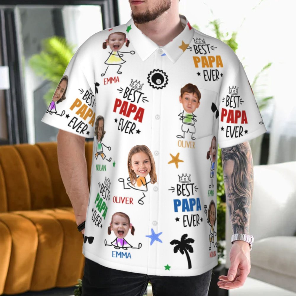 Personalised Best Papa Ever Funny Face Photo 100% Cotton Men's Hawaiian Shirt with Colourful Names Birthday Summer Vacation Gift for Dad Grandpa 7