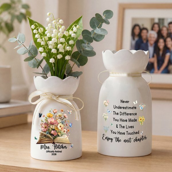 Personalized Flower Book Butterfly Officially Retired Ceramic Vase with Name and Year Retirement Gift for Retired Teacher Woman