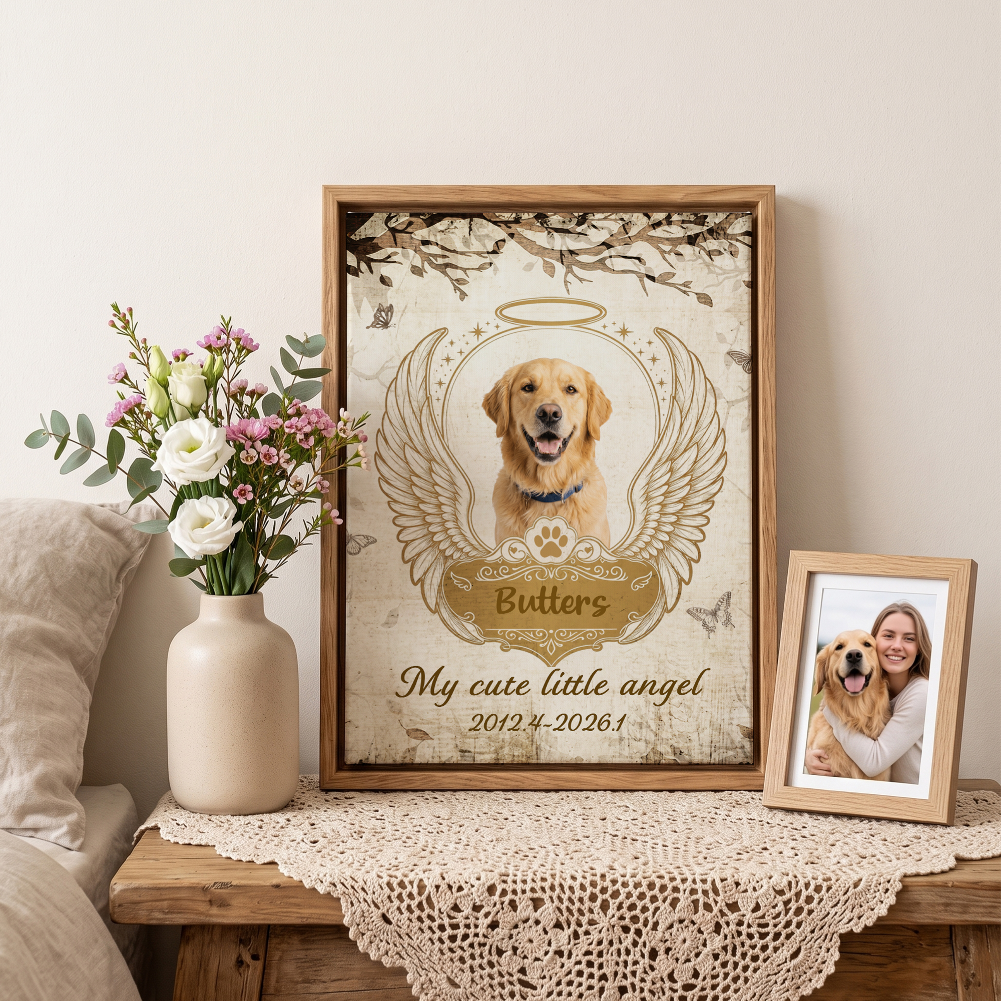 Personalisierter Fotoleinwanddruck mit Flügel-Pfotenabdruck, Name & Jahr | Wanddeko | Gedenkgeschenk für Tierbesitzer