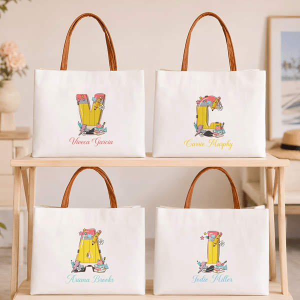 Personalized Yellow Pencil Initial Large Capacity Canvas Bag with Name Daily Use Back to School Teacher's Day Gift for Woman Teacher
