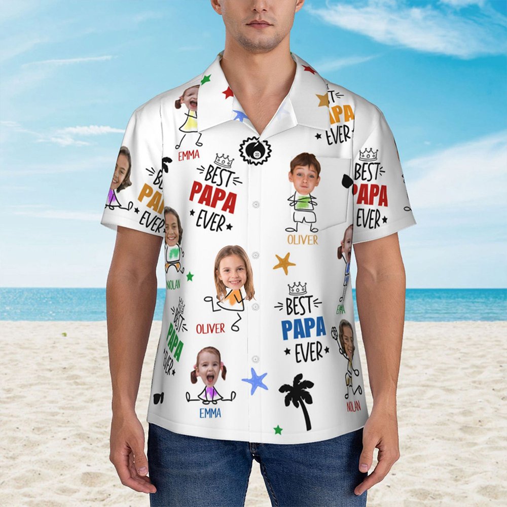 Personalised Best Papa Ever Funny Face Photo 100% Cotton Men's Hawaiian Shirt with Colourful Names Birthday Summer Vacation Gift for Dad Grandpa 4