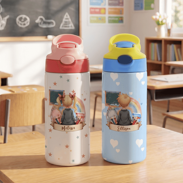 Personalized Cute Cartoon Character Back View Name 12 oz Insulated Water Bottle with Straw and Spill-Proof Lid Back to School Gift for Boys Girls
