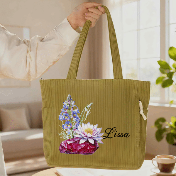 Personalized Art Birthstone Birth Flower Large Capacity Corduroy Tote Bag with Name Multi-Compartment Travel Essential Birthday Gift for Women
