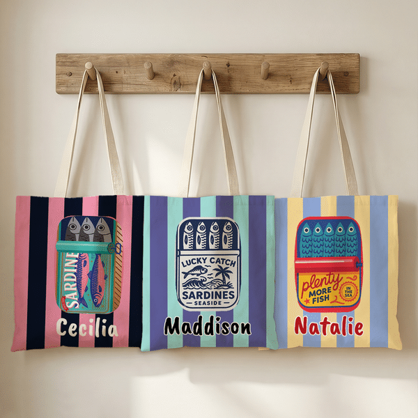 Personalised Vintage Canned Sardines Stripe Canvas Tote Bag with Name Daily Use Birthday Summer Vacation Gift for Girls Students