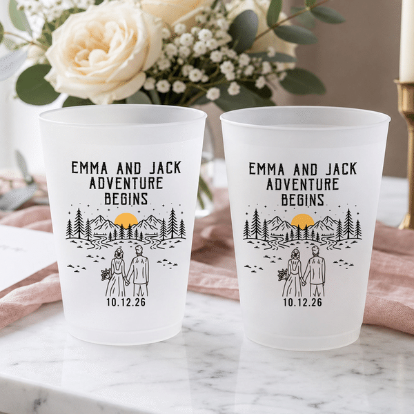 Personalised Black & White Line Outdoor Wedding Series Frosted Plastic Cups with Name and Date Set of 10 Wedding Favors for Bride Couple Guest