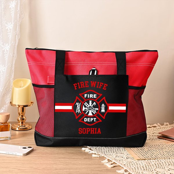 Personalised Firefighting Theme Large Capacity Oxford Tote Bag with Name Birthday Anniversary Gift for Women Firefighters Family