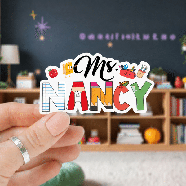 Personalized Cartoon Pencil Ruler Apple Waterproof Sticker with Title and Surname Back to School Appreciation Teacher's Day Gift for Teacher Educator