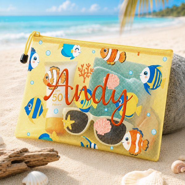 Borsa da spiaggia in PVC personalizzata con motivo multicolore di creature marine e nome – Regalo di compleanno per l’uso quotidiano, per familiari e amici