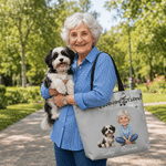 Personalized Paw Print Pet and Owner Photo Large Tote Bag with Text and Names Daily Use Birthday Gift for Pet Owner