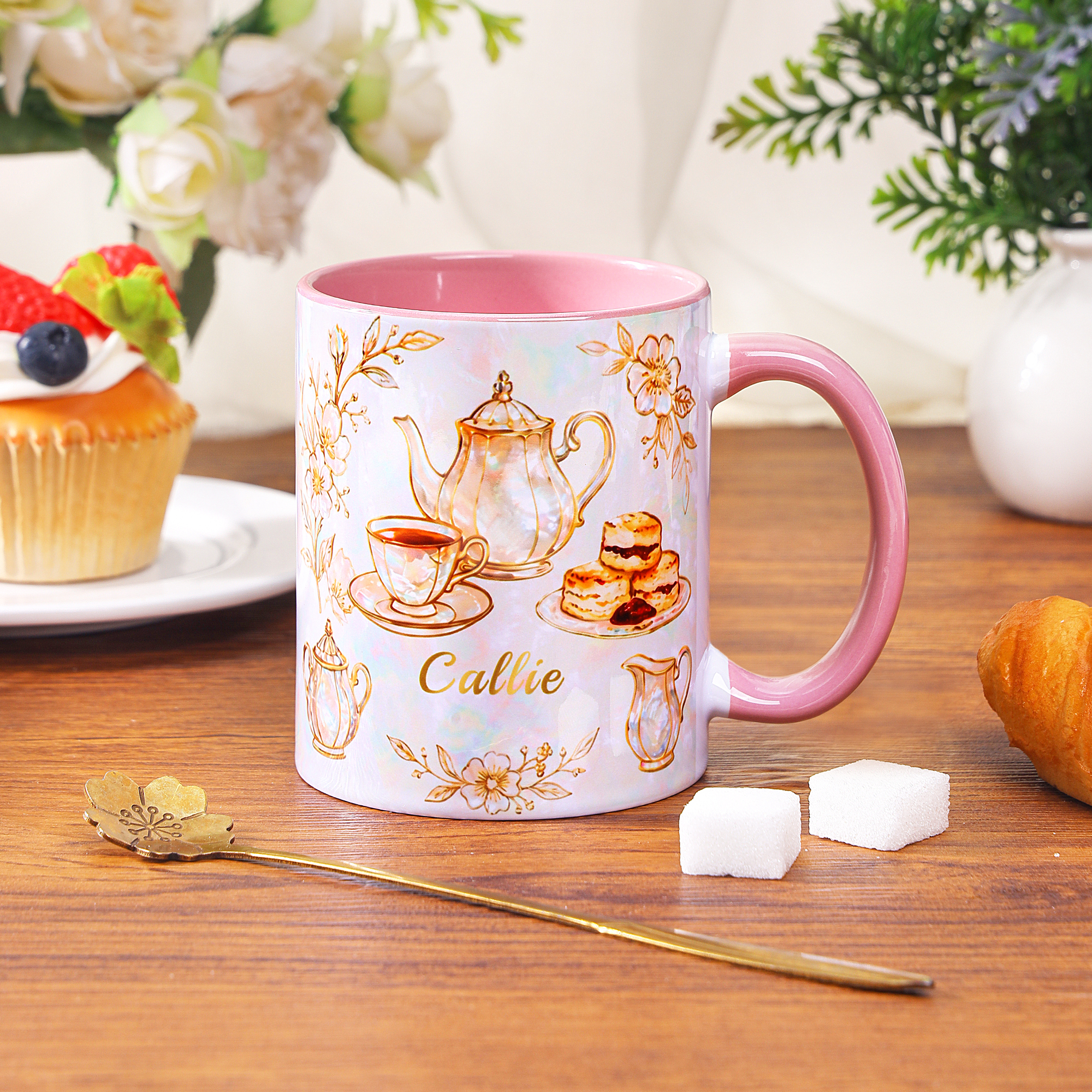 Personalisierte Keramik-Kaffeetasse im Vintage-Blumenmuster für den Nachmittagstee, 11/15 oz, mit Namen – Geschenk für den täglichen Gebrauch, zum Geburtstag oder zum Jahrestag, für Frauen und Teelieb