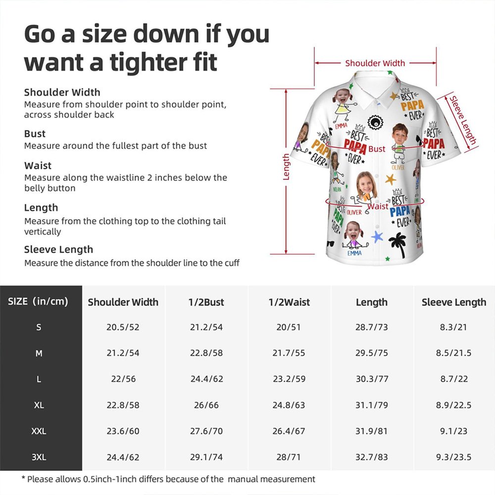 Personalised Best Papa Ever Funny Face Photo 100% Cotton Men's Hawaiian Shirt with Colourful Names Birthday Summer Vacation Gift for Dad Grandpa 9