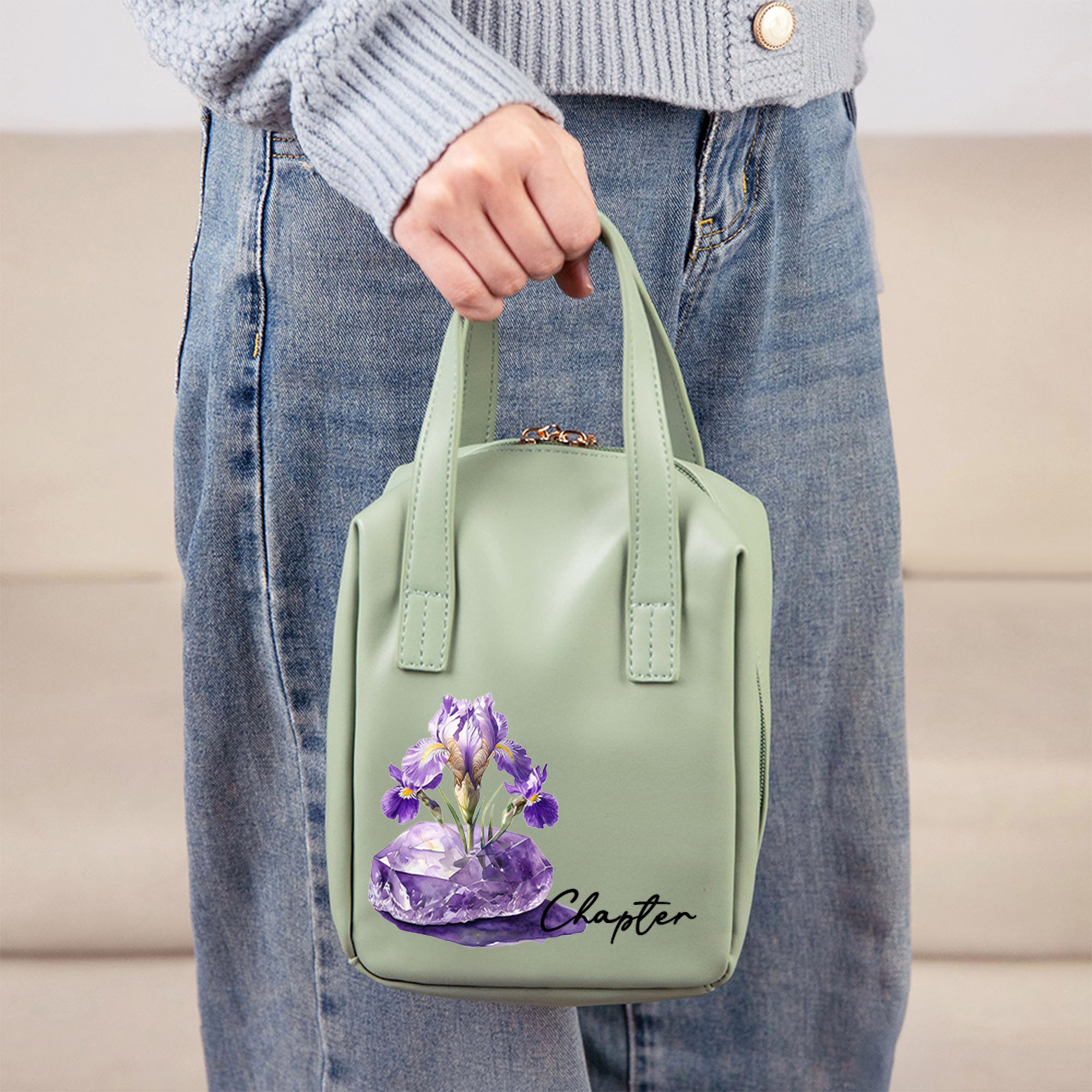 Personalisierte Kosmetiktasche aus PU-Leder mit Geburtsblume, Geburtsstein und Namen, mit Griff und mehreren Fächern – Reisezubehör und Geburtstagsgeschenk für Frauen und Mädchen