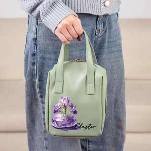 Personalized Birth Flower Birthstone Name PU Leather Makeup Bag with Handle and Multiple Compartments Travel Accessories Birthday Gift for Women Girls