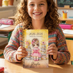 Personalized Cartoon Reading Girl 2026-2028 Planner A5 Spiral Notebook with Name and Monthly Planner Pages Birthday Back to School Gift for Girls