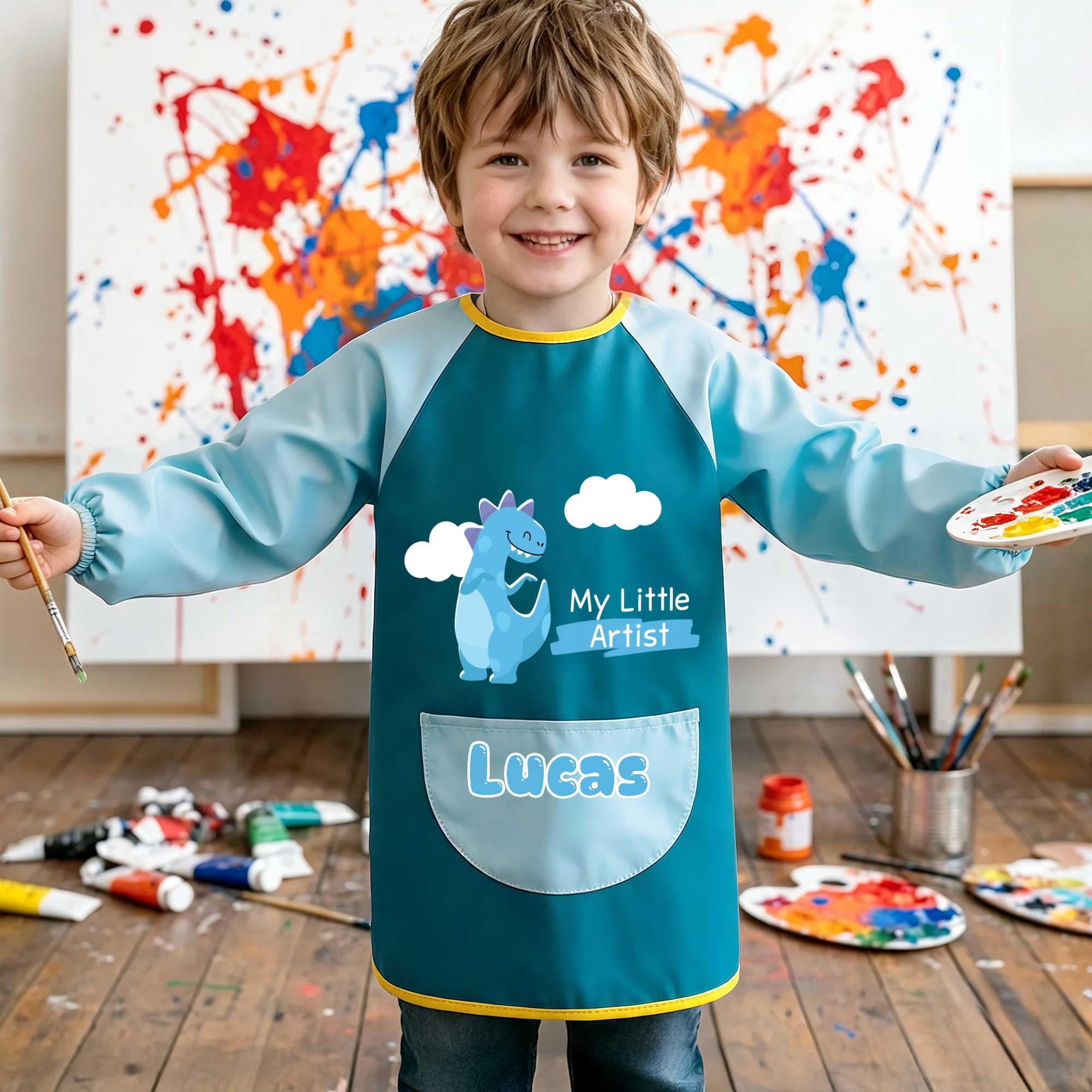 Personalisierte Dinosaurier Langarm-Schürze mit Namen | mit Vordertasche | wasserdicht | Malen Basteln Outdoor Geburtstag Geschenk für Kinder Schüler