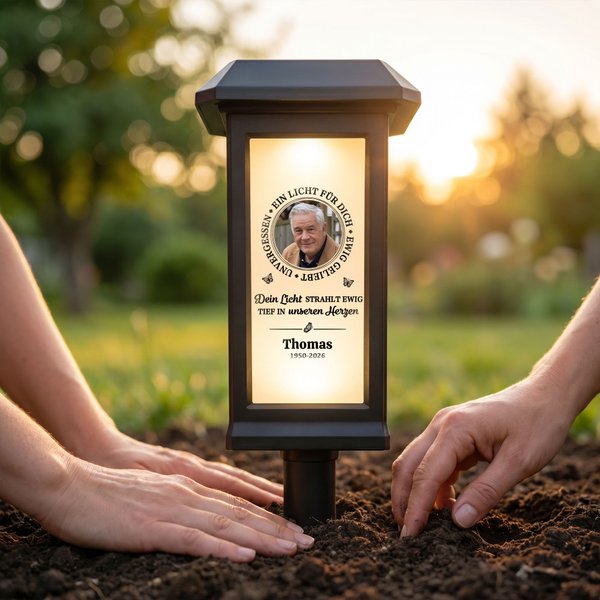 Personalisierte Solar-Gedenkleuchte mit Foto und Schmetterling | mit Namen und Jahr | Garten-Deko | Erinnerungsgeschenk für Familie und Freunde