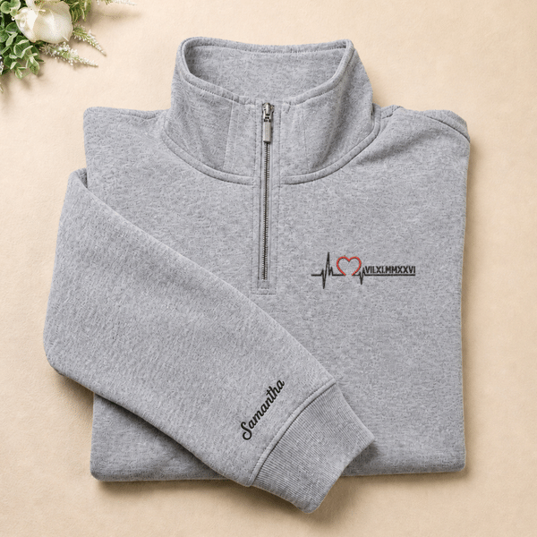 Personalized Heartbeat Roman Numerals T-shirt Quarter Zip Sweatshirt Hoodie with Date and Name Daily Wear Anniversary Birthday Gift for Couple Lover