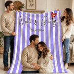 Personalised Vertical Striped Style Couple Photo Soft Throw Blanket with Name and Text Home Decor Birthday Anniversary Gift for Couple Lover