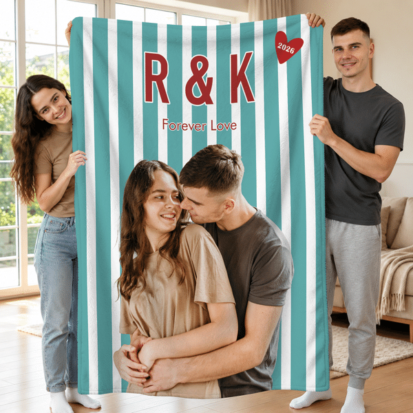 Personalised Vertical Striped Style Couple Photo Soft Throw Blanket with Name and Text Home Decor Birthday Anniversary Gift for Couple Lover