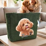 Sac fourre-tout en velours côtelé de grande capacité, personnalisé avec une photo de votre animal de compagnie illustrée à l'aquarelle et son nom, pour un usage quotidien, au travail ou comme cadeau d