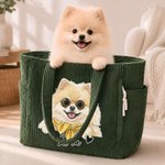 Sac fourre-tout en velours côtelé de grande capacité, personnalisé avec une photo de votre animal de compagnie illustrée à l'aquarelle et son nom, pour un usage quotidien, au travail ou comme cadeau d