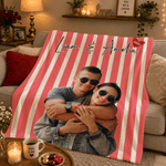Personalised Vertical Striped Style Couple Photo Soft Throw Blanket with Name and Text Home Decor Birthday Anniversary Gift for Couple Lover