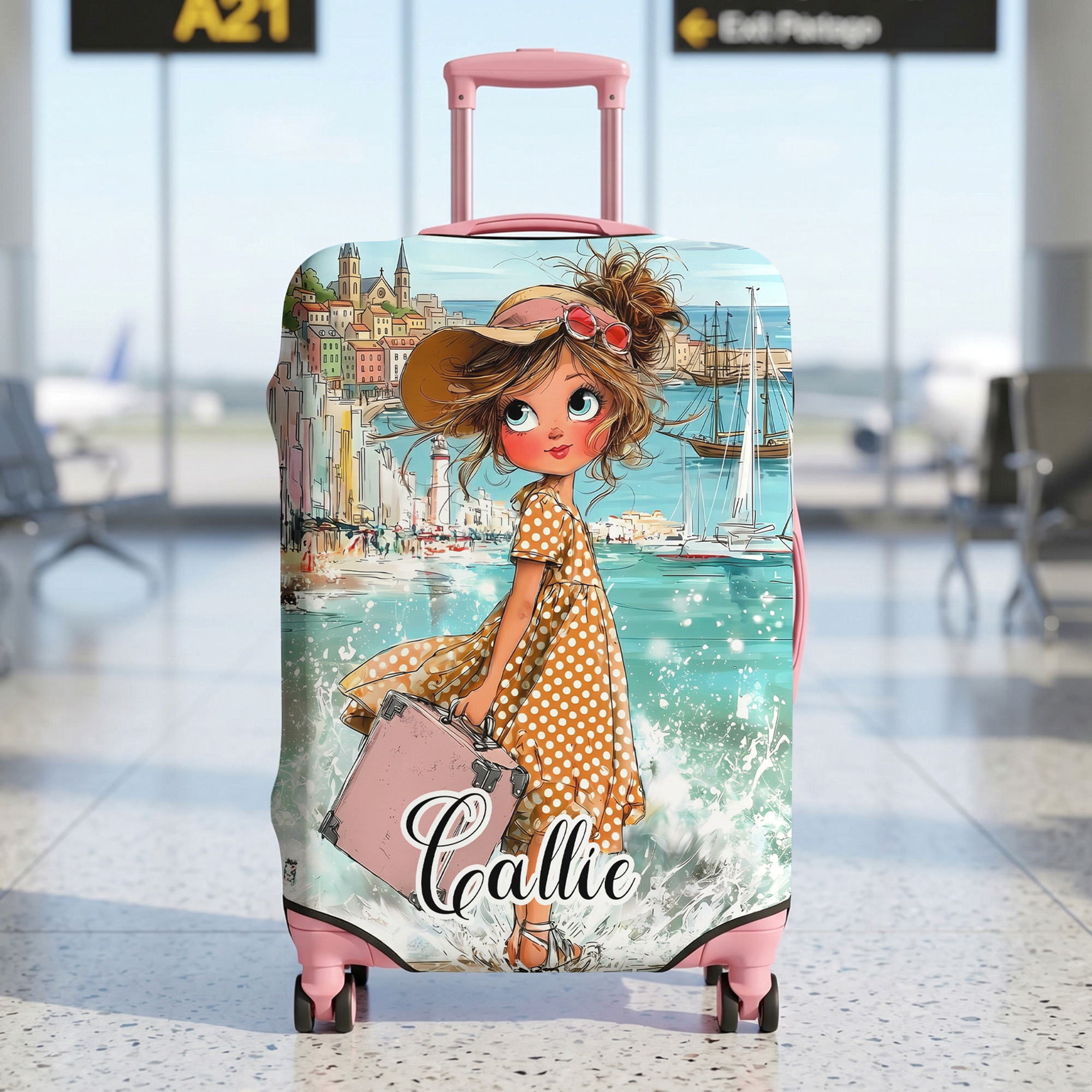 Individuell gestaltete Kofferhülle mit Cartoon-Mädchen und Namen, passend für Koffer von 18 bis 32 Zoll – ideal für Reisen, Urlaub und als Geburtstagsgeschenk für Frauen, die gerne reisen