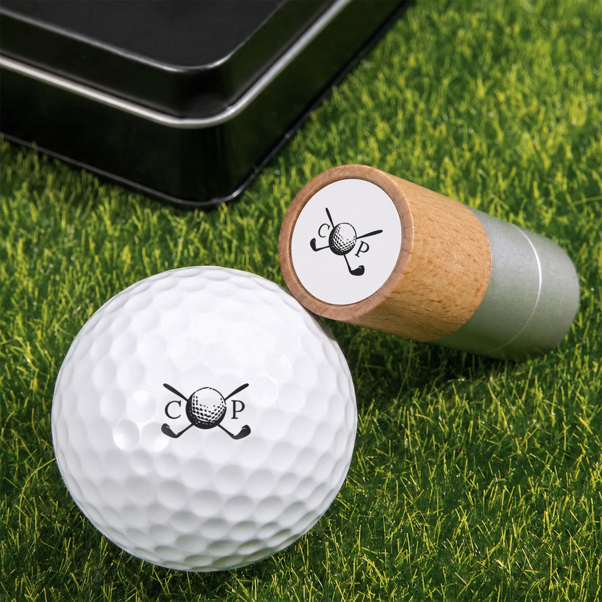 Personalisierter, klassischer Golf-Monogramm-Stempel aus Holz mit Initialen, inklusive Aufbewahrungsbox aus Metall – ein Geburtstagsgeschenk für Golfbegeisterte