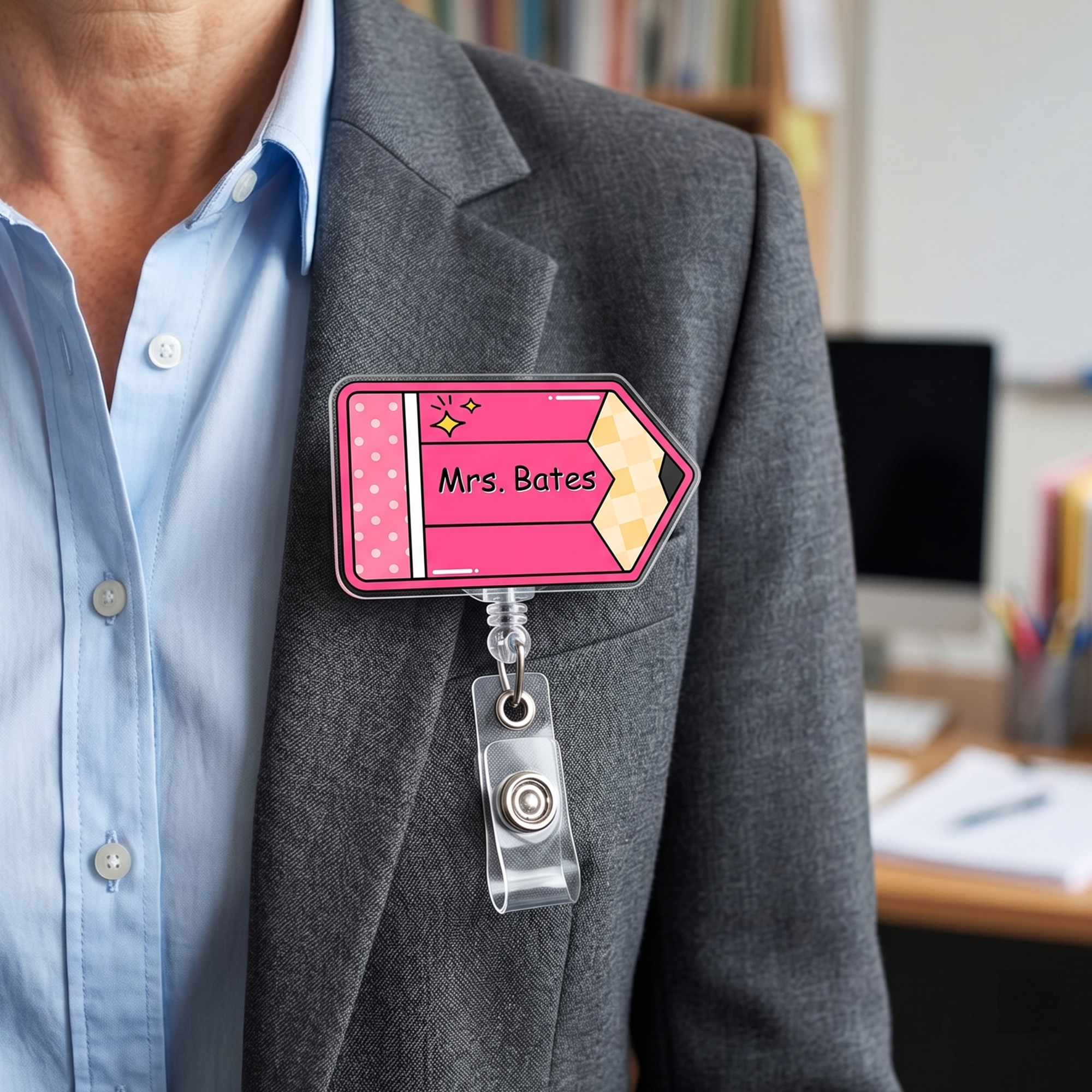 Personalisierte, mehrfarbige Acryl-Stift-Badge-Rolle mit einziehbarem Stift und Text – Dankeschön zum Lehrertag, Geburtstagsgeschenk für Lehrer