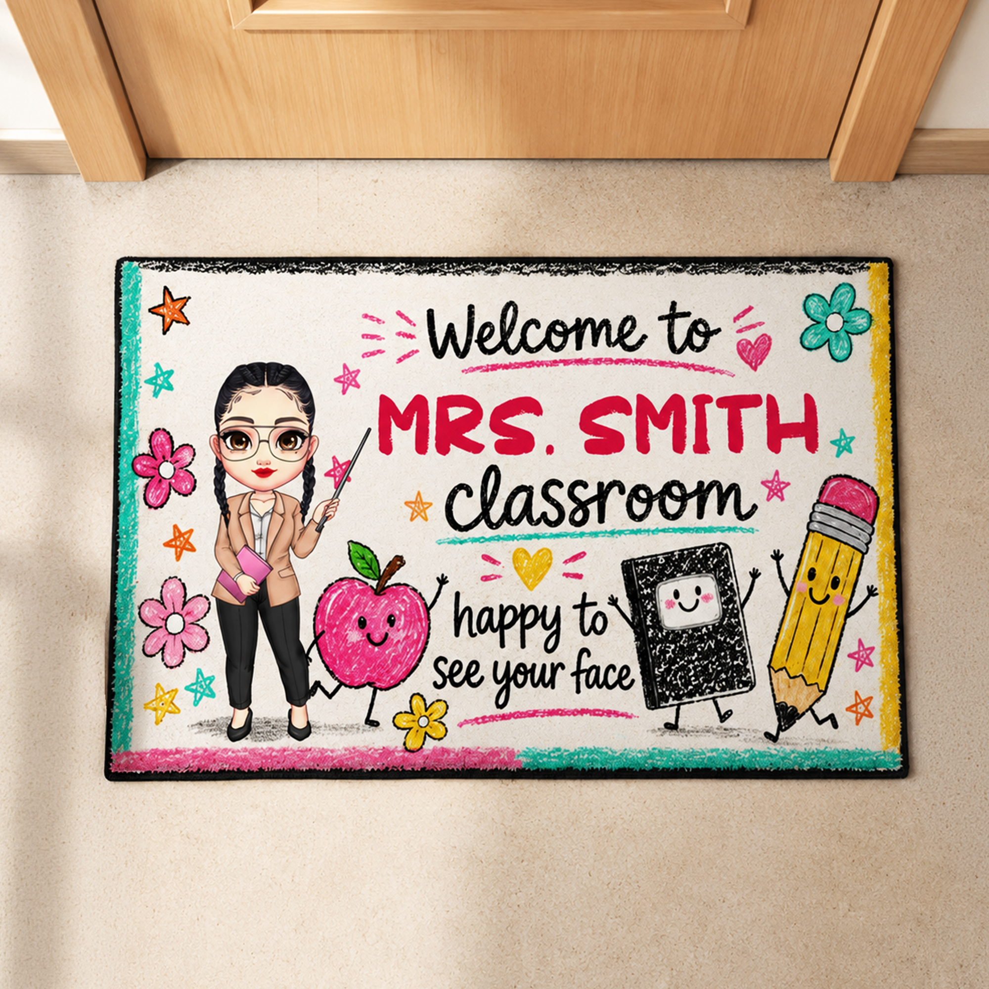Individuell gestaltete Fußmatte mit Apple-Notebook-Stift-Motiv und Comicfiguren, rutschfest, mit Schriftzug – Geschenk zum Schulanfang und zum Lehrertag für Lehrer