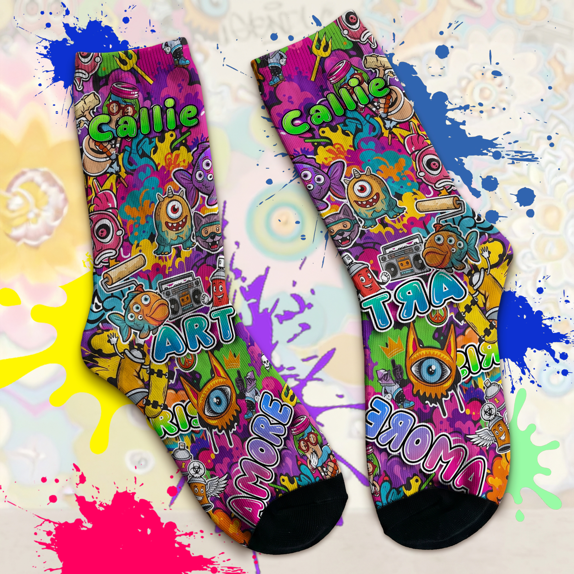 Personalisierte Graffiti Crew-Socken mit Namen | Street-Art-Design | atmungsaktiv | Alltag Geburtstag Geschenk für Kinder Teenager