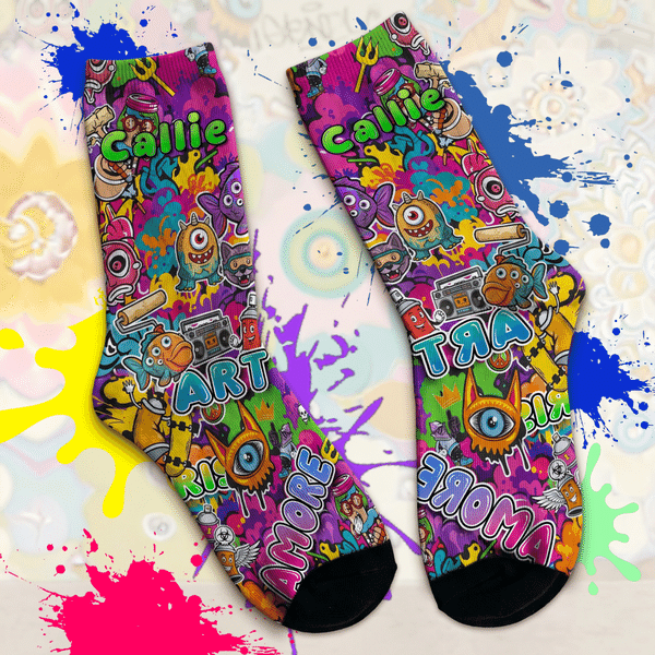 Personalized Multicolor Graffiti Street Art Breathable Mid-Calf Socks with Name Daily Wear Back to School Birthday Gift for Kid Teenager