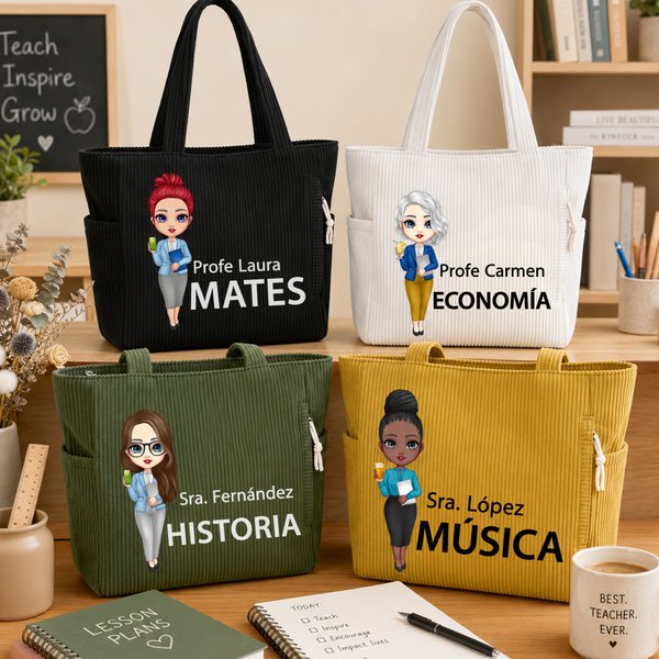 Bolso tote grande de pana personalizado con personaje animado nombre y asignatura regalo ideal de fin de curso y vuelta al cole para profesores