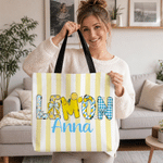 Personalized Summer Bow Lemon Stripe Large Tote Bag with Name Daily Use Summer Vacation Birthday Gift for Girl