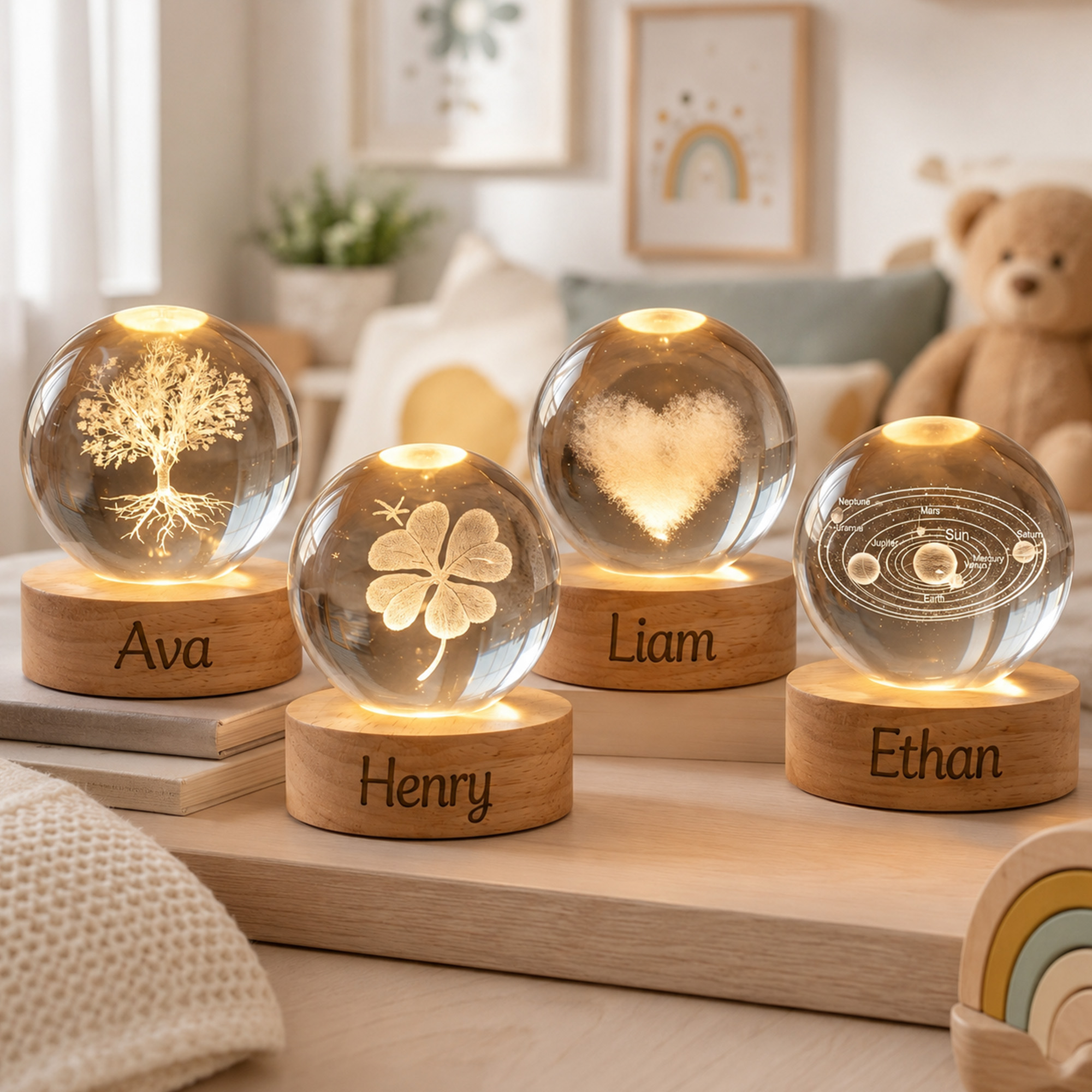 Personalisiertes LED-Nachtlicht in Form einer runden Kristallkugel mit vierblättrigem Kleeblatt und Herzmotiv, mit Namen und Holzsockel – Wohnaccessoire und Geburtstagsgeschenk für Kinder, Freunde und