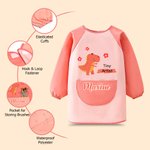 Personalised Cute Dinosaur Paint Waterproof Long Sleeve Apron with Name Text and Pocket Outdoor Activity Birthday Gift for Kids Students