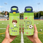 Personalized Cartoon Soccer Character 12 oz Insulated Water Bottle with Name and Initial Back to School Birthday Gift for Kid Soccer Player