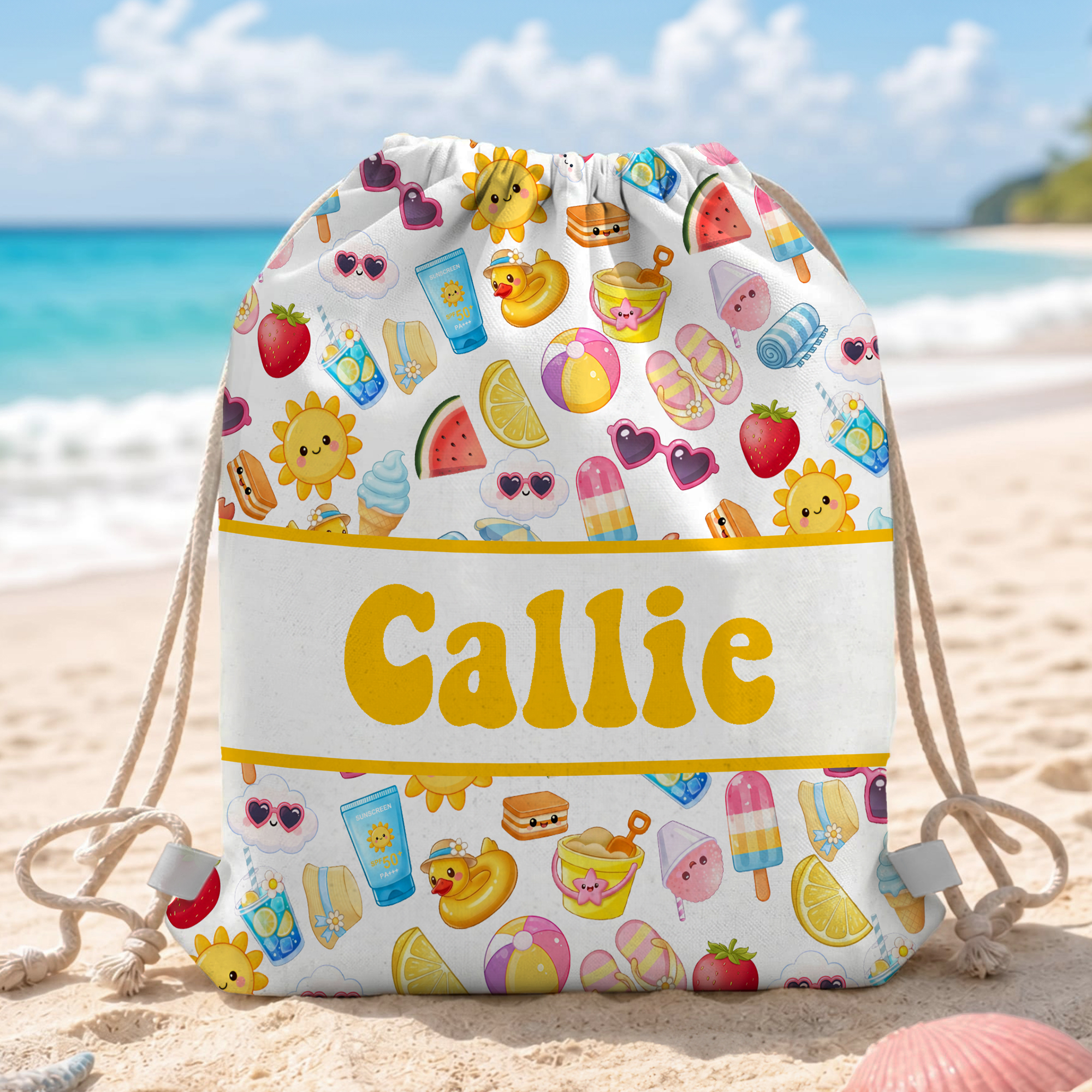 Personalisierter, niedlicher Beutel mit Kordelzug im Eis-Sonnen-Krabben-Wolken-Muster, mit Namen – Strandparty, Alltag, Geburtstagsgeschenk für Kinder, Freunde und Familie