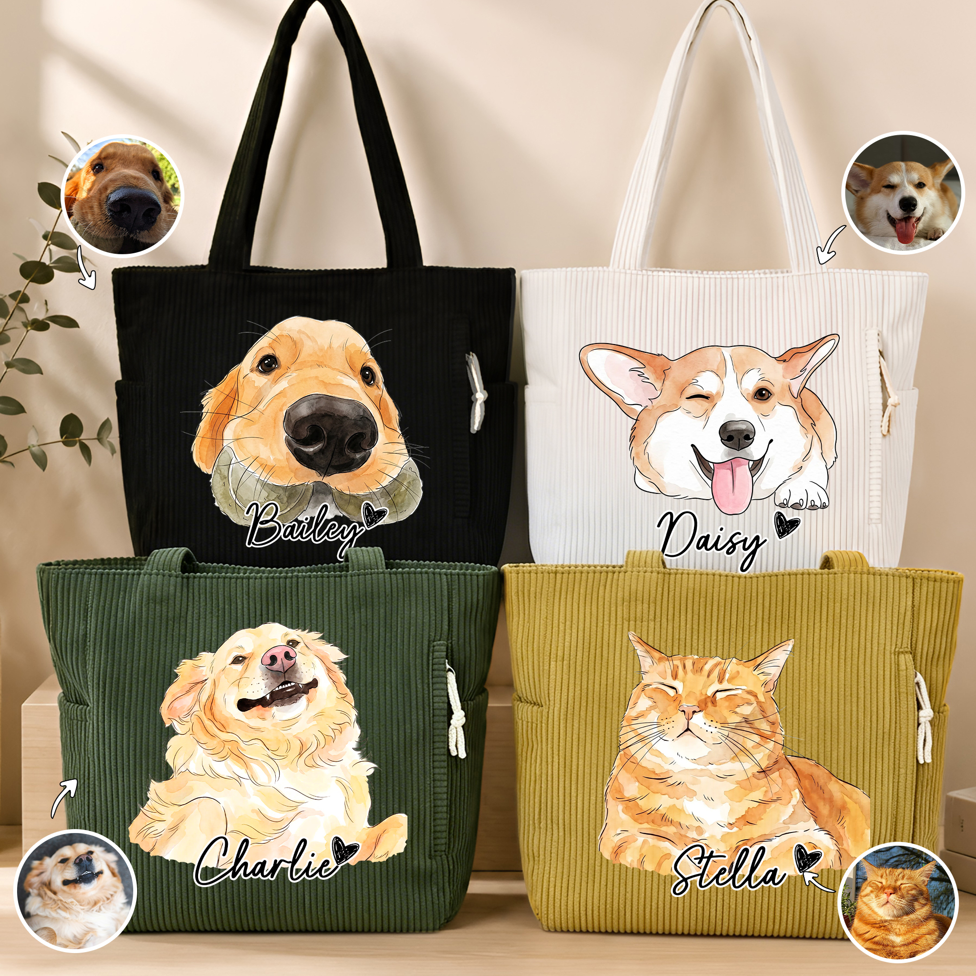 Personalised Cartoon Watercolour Pet Photo Large Capacity Corduroy Tote Bag with Name Daily Use Work Birthday Gift for Pet Lovers Women