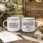 Personalized Black & White Line Outdoor Wedding 12 oz Enamel Mug with Name Daily Use Travel Wedding Anniversary Birthday Gift for Couple