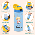 Personalized Cartoon Soccer Character 12 oz Insulated Water Bottle with Name and Initial Back to School Birthday Gift for Kid Soccer Player