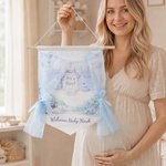 Personalised Something Blue Pink Flower Field Rabbit Banner with Name Baby Shower Birthday Gift for New Parent Baby