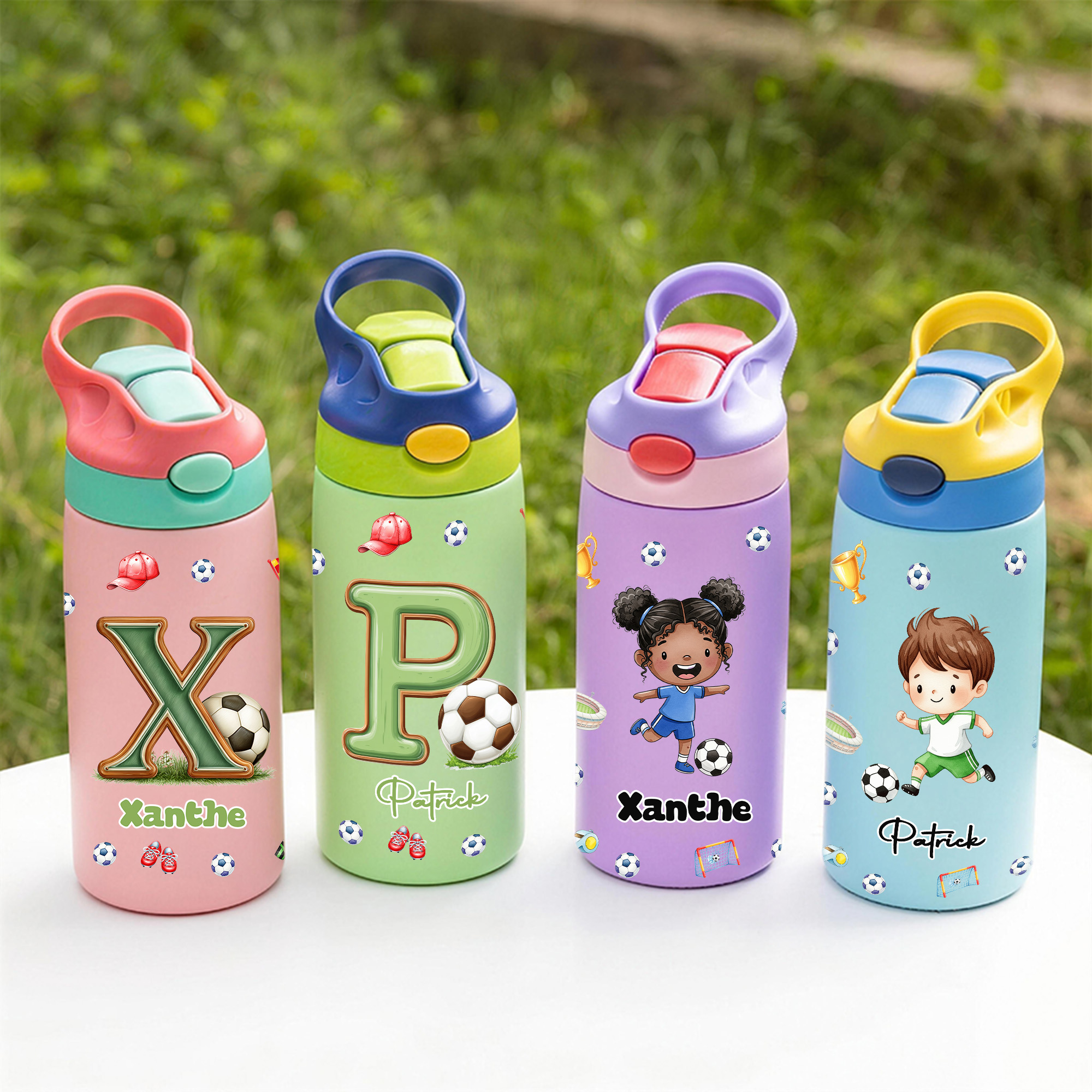 Personalisierte 12-oz-Isolierwasserflasche mit Fußball-Cartoon-Figur, Namen und Initialen – Geschenk zum Schulanfang oder Geburtstag für kleine Fußballspieler