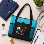 Personalized Heart Birth Flower Stethoscope Large Tote Bag with Name and Mesh Pockets Birthday Nurse Week Gift for Nurse Doctor