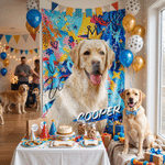 Bannière de fête personnalisée et colorée, style peinture à l'huile, avec photo d'animal de compagnie et son nom — Cadeau d'anniversaire pour les propriétaires d'animaux, à utiliser au quotidien lors 