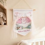 Personalised Something Blue Pink Flower Field Rabbit Banner with Name Baby Shower Birthday Gift for New Parent Baby