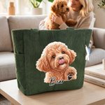 Bolso tote de pana personalizado con foto de mascota en acuarela animada y nombre uso diario regalo de cumpleaños para amantes de las mascotas