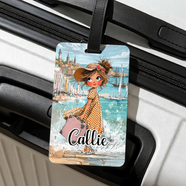 Personalised Cartoon Quirky Travel Girl Illustration Luggage Tag with Name Travel Business Trip Accessory Birthday Gift for Travel Lover Girl Friend