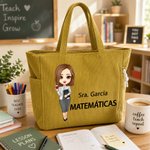 Bolso tote grande de pana personalizado con personaje animado nombre y asignatura regalo ideal de fin de curso y vuelta al cole para profesores