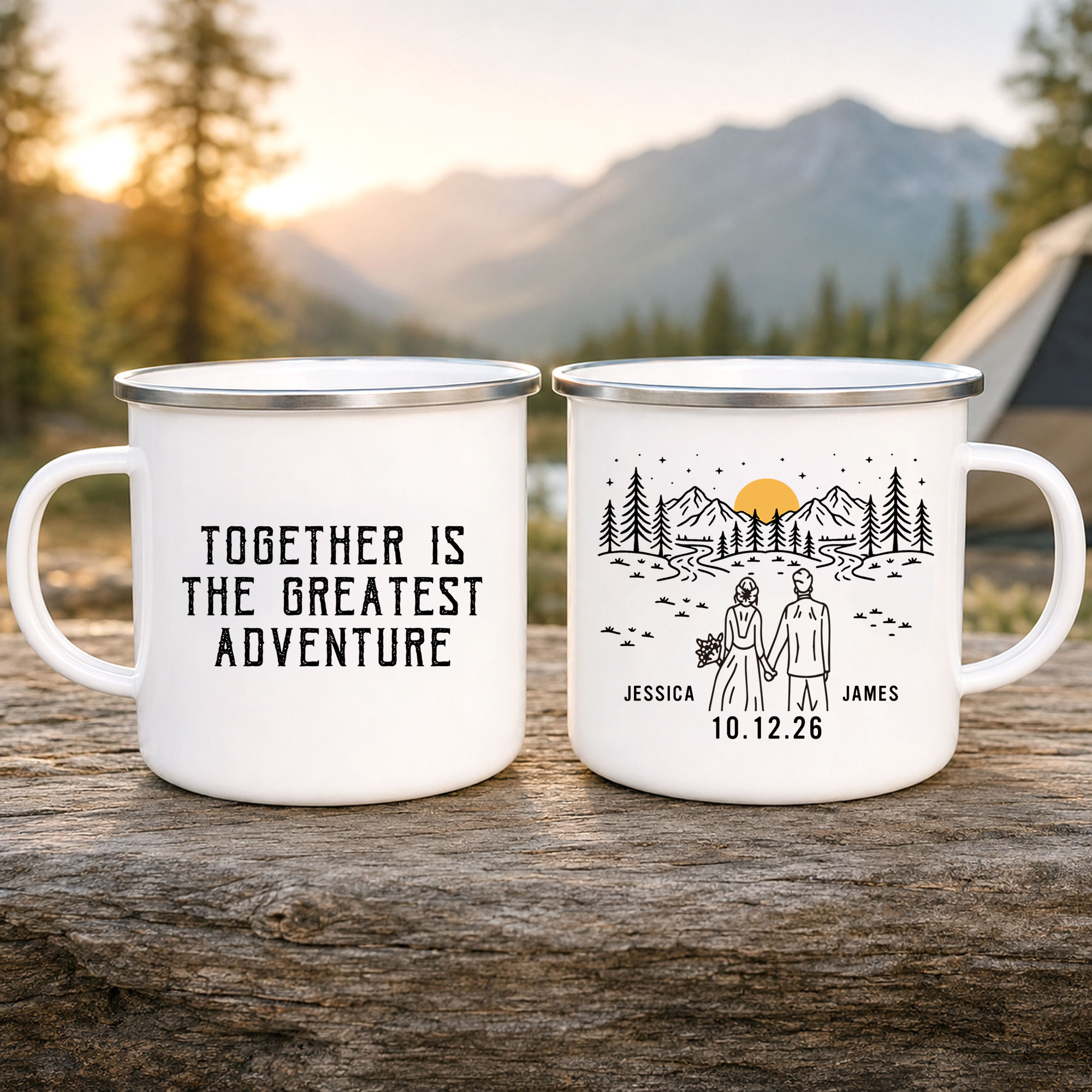 Personalisierte schwarz-weiße Outdoor-Hochzeits-Emaille-Tasse (12 oz) mit Namensaufdruck – Geschenk für den täglichen Gebrauch, Reisen, Hochzeitstag und Geburtstag für Paare